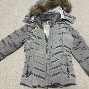 Eddie Bauer Women's Silver Puffer Jacket with Faux Fur Hood
